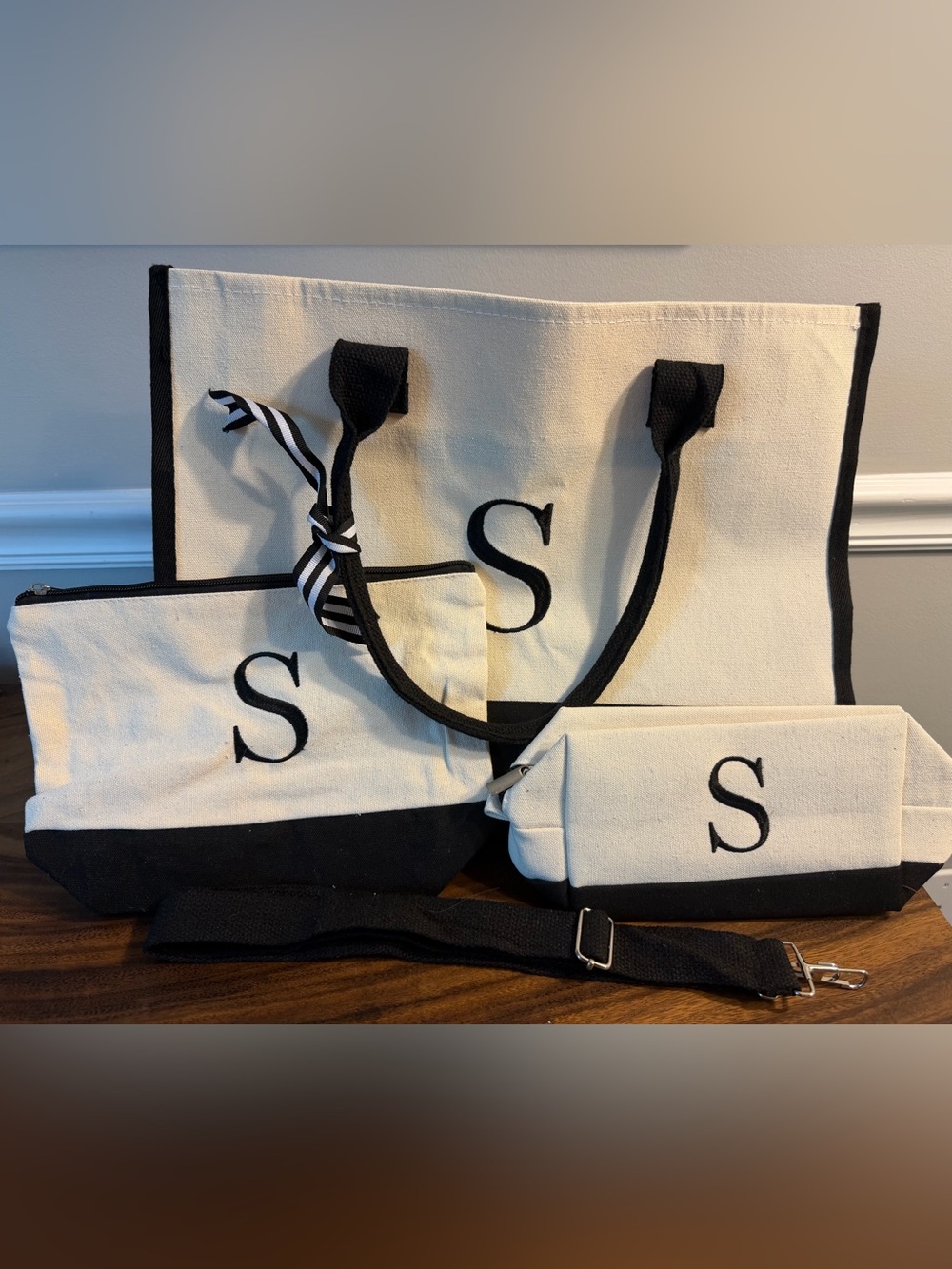 Amazon Cream and Black Monogram Canvas Tote Set